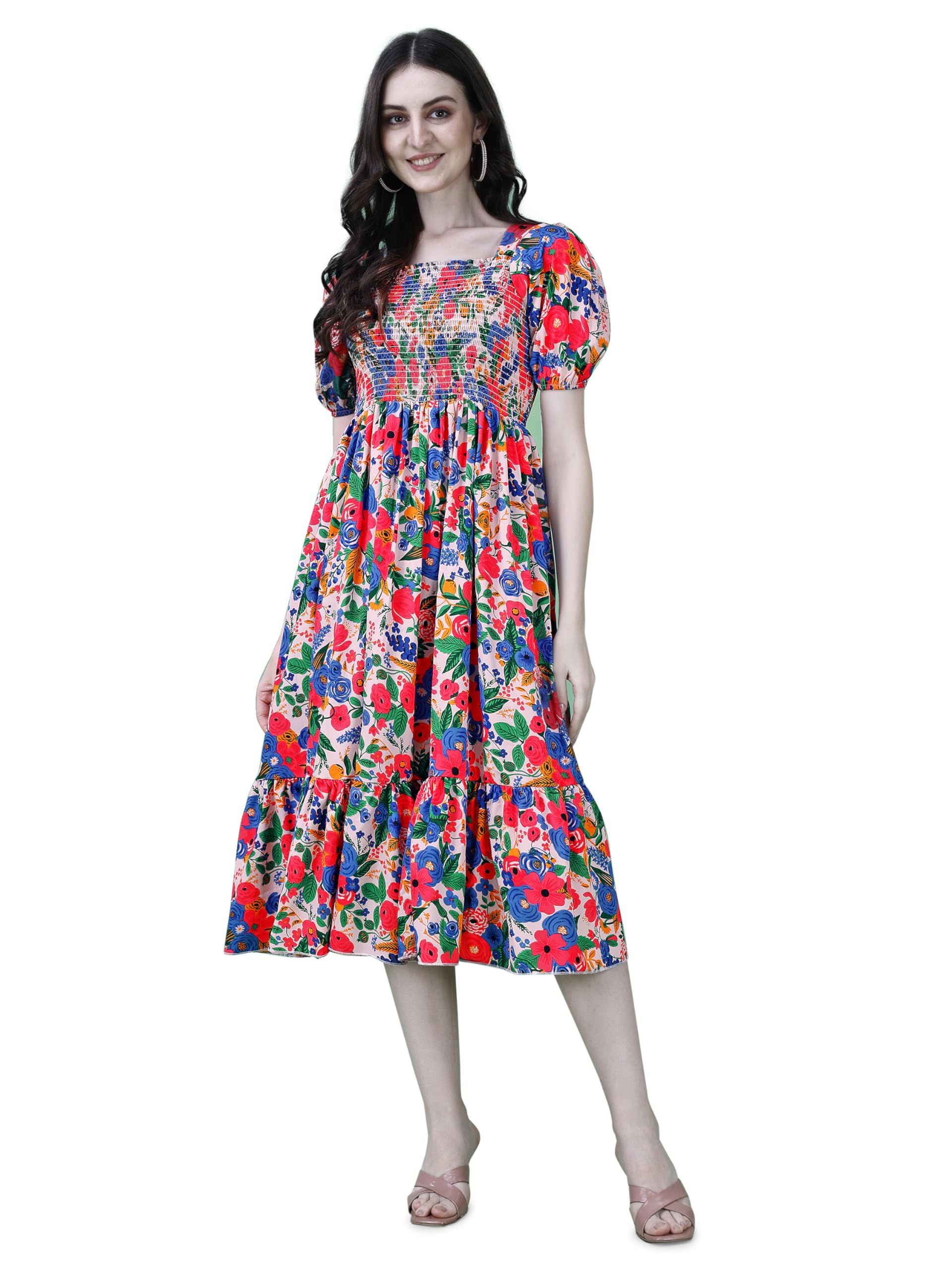 FLOWER PUFF SLEEVE TIERED ONE-PIECE